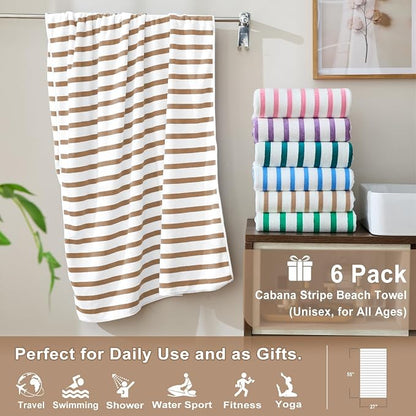 JML Microfiber Beach Towels Set, 6 Pack, 27" x 55", Cabana Stripe Coffee | Hanging Loop, Soft, Absorbent, Quick Dry, Lint-free, No Fading, For Swimming Pool Party