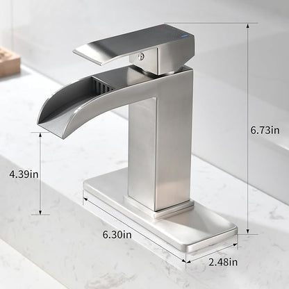 Brushed Nickel Waterfall Bathroom Faucet - Single Handle Sink Faucets Bathroom 1 Hole or 3 Hole for 4In | Modern Solid Brass Vanity Faucet with Deck Plate & Overflow Pop Up Drain
