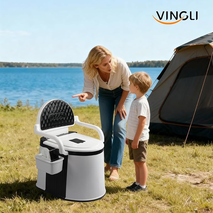 VINGLI Portable Toilet | Back & Handrail Design Commode with 5 Gallon Bucket Inner, Camping RV Toilet for Adult, Kids, Home, Boat, Van, Travel, Black