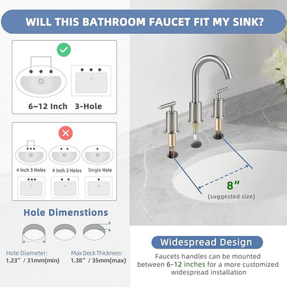 VXV Brushed Nickel Bathroom Faucet 3 Hole Widespread with Easy Installation, 2-Handle 8 Inch Bathroom Sink Faucet 360° Swivel Spout, Pre-Attached Hoses & Drain Included, Vanity Faucet for Bath Sink