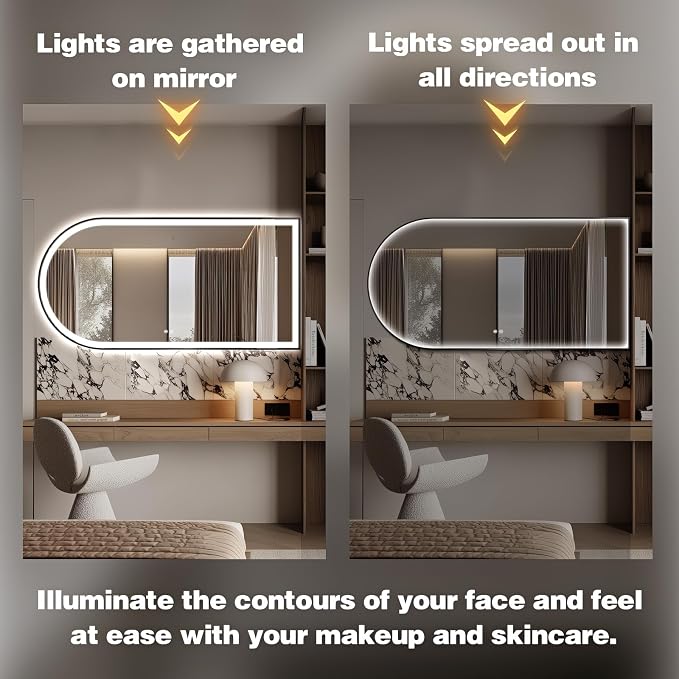 Arched LED Bathroom Mirror, 48"x24" Arch Backlit Vanity Mirror with Lights, Frontlit, Dimmable, 3 Colors, Memory Function, Anti-Fog Smart Mirror, Black Frame, Shatterproof, Horizontal-Right