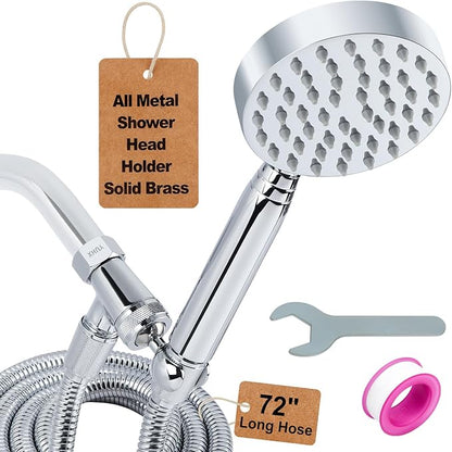 All Metal Shower Head with Handheld; Flexible Long Hose High Pressure Spray | 1 Setting Stainless Steel Shower-Head, Solid Hand Held Showerhead Sprayer Holder with Wide-Angle Adjustment, Premium Chrome