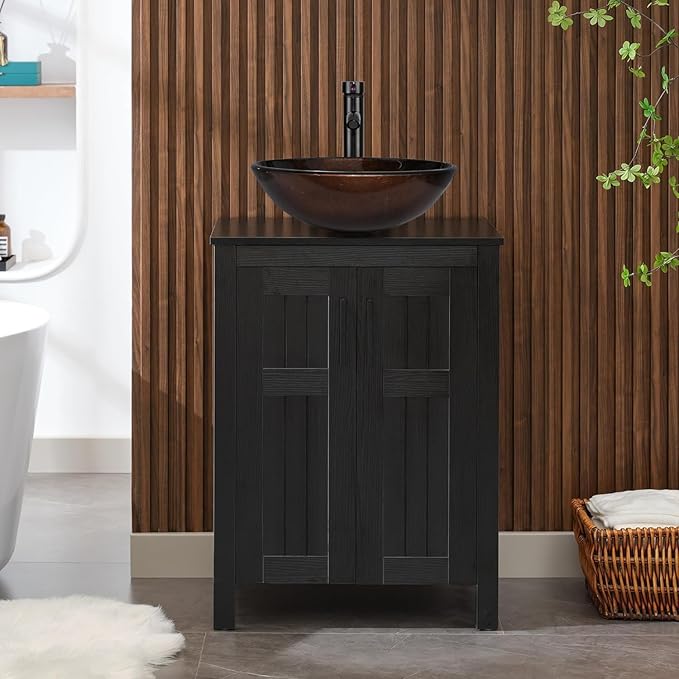 UEV 24"" Black Bathroom Vanity with Sink Combo,Modern Vanity with Vessel Sink,Stylish Bathroom Vanity Cabinet,Grooved Doors & Metal Handles,Modern Bronze Round Bowl Tempered Glass Vessel Sink, BK050