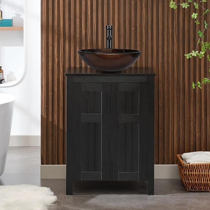 UEV 24"" Black Bathroom Vanity with Sink Combo,Modern Vanity with Vessel Sink,Stylish Bathroom Vanity Cabinet,Grooved Doors & Metal Handles,Modern Bronze Round Bowl Tempered Glass Vessel Sink, BK050