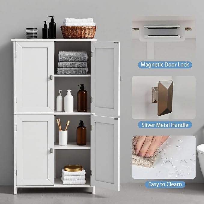 Bathroom Cabinet with Adjustable Shelf Freestanding Storage Cabinet with 2 Doors Wooden Organizer Floor for Bathroom Kitchen and Living Room (White, 4 Doors)