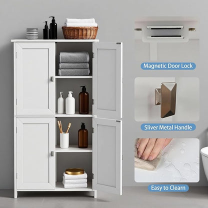 Bathroom Cabinet with Adjustable Shelf Freestanding Storage Cabinet with 2 Doors Wooden Organizer Floor for Bathroom Kitchen and Living Room (White, 4 Doors)