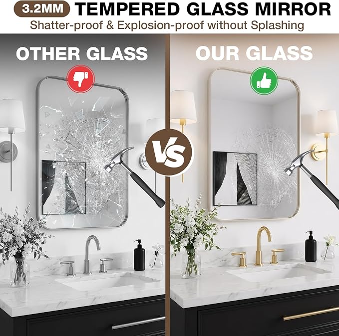 22"x30" Bathroom Mirror for Over Sink, Brushed Nickel Vanity Mirror | Aluminum Alloy Frame, Clear Reflection, Rust-Resistant, Vertical or Horizontal, Wall Mount, Bedroom and Entryway