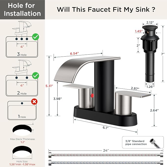 FORIOUS Bathroom Faucet 4 Inch Centerset 2 Hole Black and Brushed Nickel | Waterfall Bathroom Sink Faucet 2 Handles with Pop up Drain and cUPC Hose, Lead-Free, Suitable for RV Vanity Lavatory Restroom