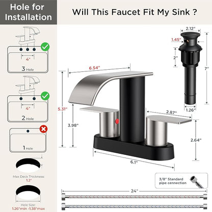 FORIOUS Bathroom Faucet 4 Inch Centerset 2 Hole Black and Brushed Nickel | Waterfall Bathroom Sink Faucet 2 Handles with Pop up Drain and cUPC Hose, Lead-Free, Suitable for RV Vanity Lavatory Restroom