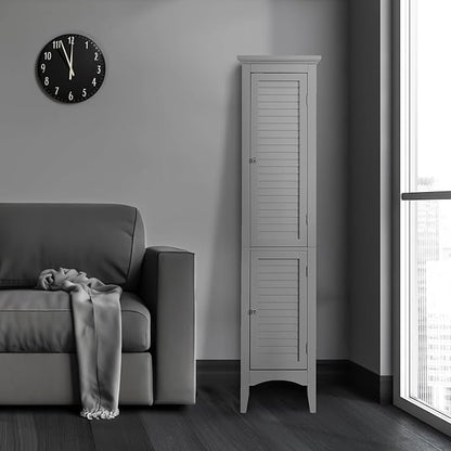 Teamson Home Glancy Tall Slim Freestanding Double Tier Floor Linen Cabinet with 1 Adjustable and 3 Fixed Interior Shelves 5 Storage Spaces and 2 Louvered Doors, Gray