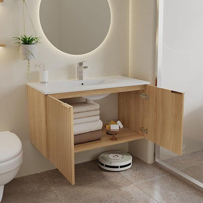 Modern Bathroom Vanity with Sink, Floating Wall Mount Cabinet with Wavy Textured Doors, Waterproof Storage for Small Bathroom, Soft-Close Design, Nature Wood (36")
