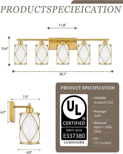 5-Light Brushed Gold Bathroom Light Fixtures Over Mirror, 38" UL-Listed Modern Wall Sconce Lights with Milk White Frosted Glass and Metal Cage for Bath, Hardwire E26, CH9176BGW-5W