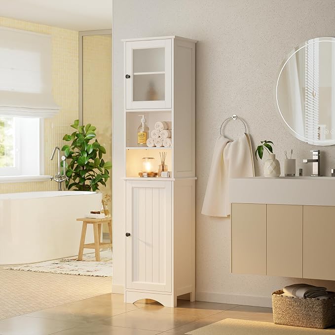 Gizoon 67.1" Tall Bathroom Storage Cabinet with Adjustable Shelves | Narrow Tall Linen Tower with Open Shelves, Two-way Doors, Anti-Tip, for Home, Kitchen, Living Room, White