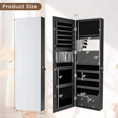 LDAILY 47” LED Jewelry Armoire, Door/Wall Mounted Mirror with Storage, 4 Shelves, 4 Drawers, Full Length Mirror & Flip-up Makeup Tray, Lockable Jewelry Organizer Cabinet for Women & Girls, Gift(Black)