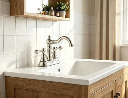Two Handle Brushed Nickel Bathroom Faucet 3 Hole with Plastic Overflow Pop-Up Drain,Swivel Spout Bathroom Sink Faucet 4 Inch Centerset,Meets cUPC NSF 61-9 AB1953,F-0048-BN