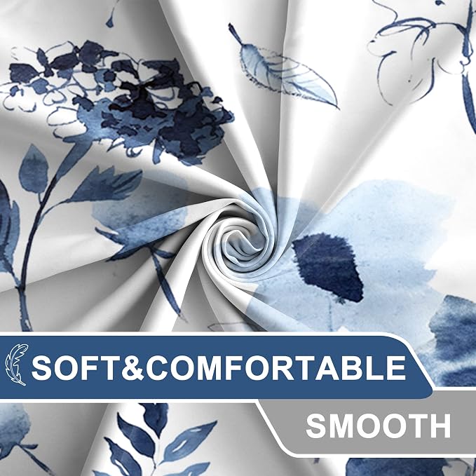 AWERT Blue Floral Watercolor Ink Flowers Shower Curtain With Hooks - Waterproof Fabric for Bathroom Decor 72x78inch