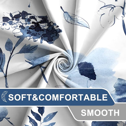 AWERT Blue Floral Watercolor Ink Flowers Shower Curtain With Hooks - Waterproof Fabric for Bathroom Decor 72x78inch
