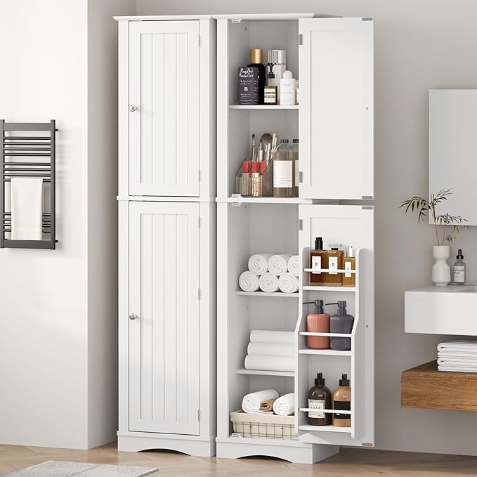 Function Home Tall Storage Cabinet, 64" Narrow Bathroom Cabinets, Freestanding Kitchen Pantry with Door Storage Shelves, Wooden Slim Floor Cabinets for Kitchen Dining Living Room, White
