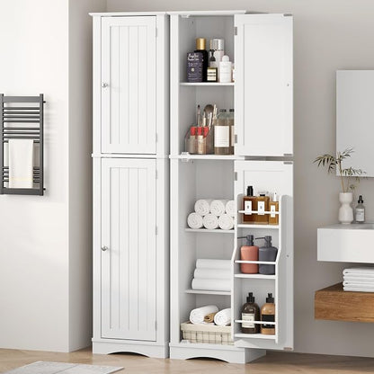 Function Home Tall Bathroom Storage Cabinet, 64" Slim Kitchen Pantry with Door Storage, Narrow Wood Freestanding Cabinets with Adjustable Shelves for Kitchen Living Room Dining Room, White