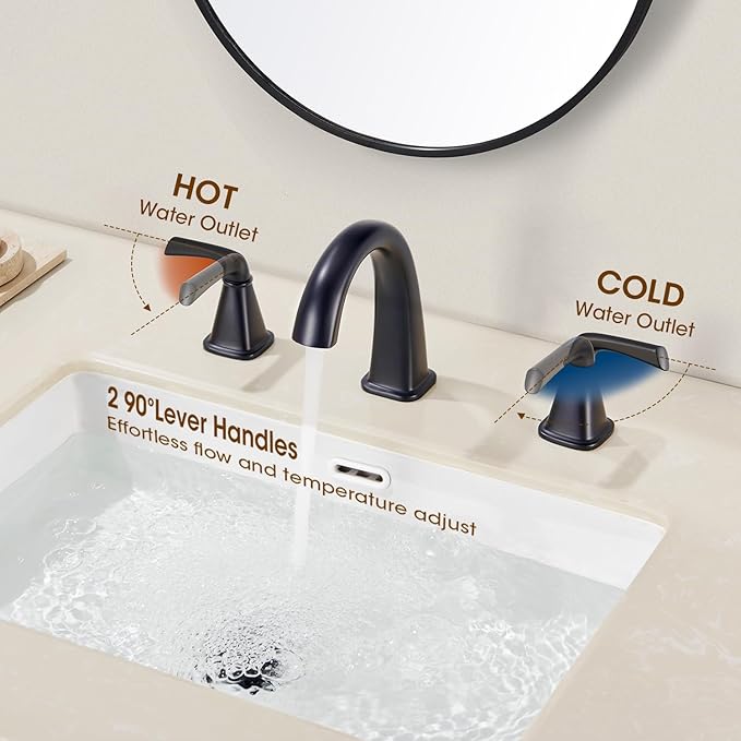 Widespread Bathroom Faucet 3 Hole, Matte Black Bathroom Sink Faucet, 2 Handle Brass Bathroom Faucets for Vanity Faucet with Pop Up Drain and 2 Supply Lines
