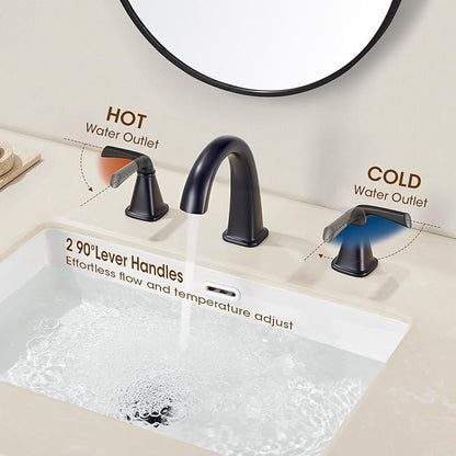 Widespread Bathroom Faucet 3 Hole, Matte Black Bathroom Sink Faucet, 2 Handle Brass Bathroom Faucets for Vanity Faucet with Pop Up Drain and 2 Supply Lines