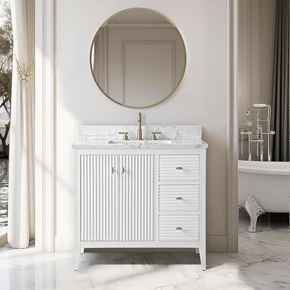 Vanity Art 36 inch Bathroom Vanity with Single Sink & Ceramic Top, Vanity Cabinet with Soft-Closing Door, Solid Wood Frame, Linear Pattern, White, Golden Brushed Handware VA9136-W-GB