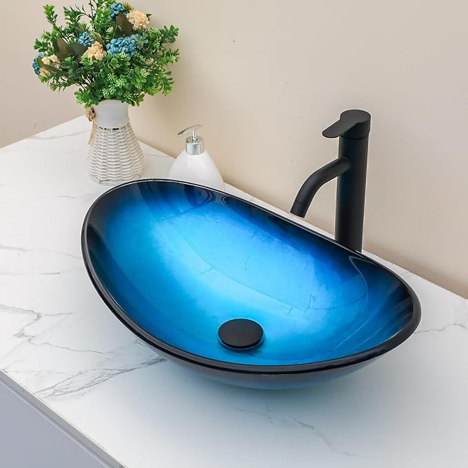 Sarlai Blue Boat Shap Bathroom Vessel Sink with Black Faucet and Pop Drain 21 x 14 Inch Modern Artistic Tempered Glass Basin Countertop Bowl Sink