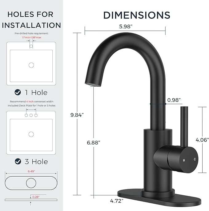 FORIOUS Black Bathroom Faucet 1 or 3 Hole Single Handle, Matte Black Bathroom Sink Faucet 2 Pack, with cUPC Supply Line and Metal Pop Up Drain, Suitable for Bar RV Vanity