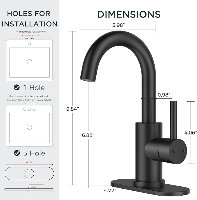 FORIOUS Matte Black Bathroom Faucet 1 Hole Single Handle Sink Faucet | with 6-inch Deck Plate for 1 or 3 hole(4-inch centerset)Sink Setup, Supply Lines and Drain, Swivel for Bar Kitchen RV Vanity