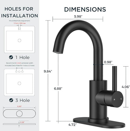 FORIOUS Matte Black Bathroom Faucet 1 Hole Single Handle Sink Faucet | with 6-inch Deck Plate for 1 or 3 hole(4-inch centerset)Sink Setup, Supply Lines and Drain, Swivel for Bar Kitchen RV Vanity