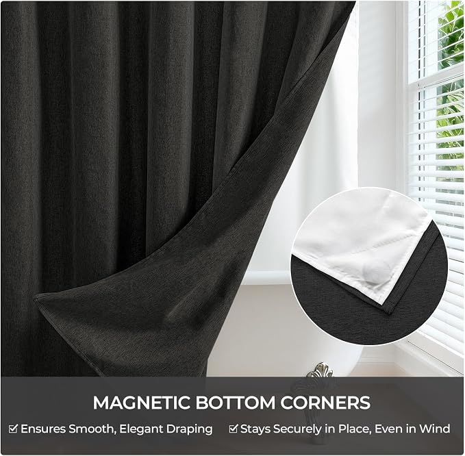 River Dream Linen Textured No Hooks Shower Curtain with Liner,Black,71x74 | with Snap-in Liner,Heavy Duty Fabric,Quick Dry,Bottom Magnets,Water-Repellent,Washable,Farmhouse Bathroom Set