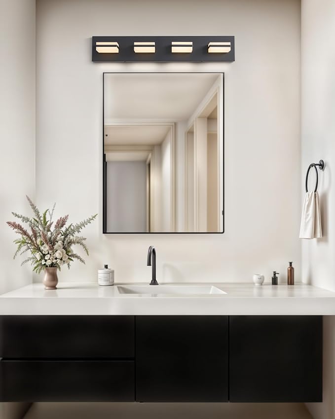 VONLUCE LED Modern Bathroom Vanity Light Fixture, Matte Black | 26'', 4-Light, 3CCT, 360° Rotate, High CRI, Flicker-free, Dimmable, Memory Function, Waterproof IP44, Easy Installation