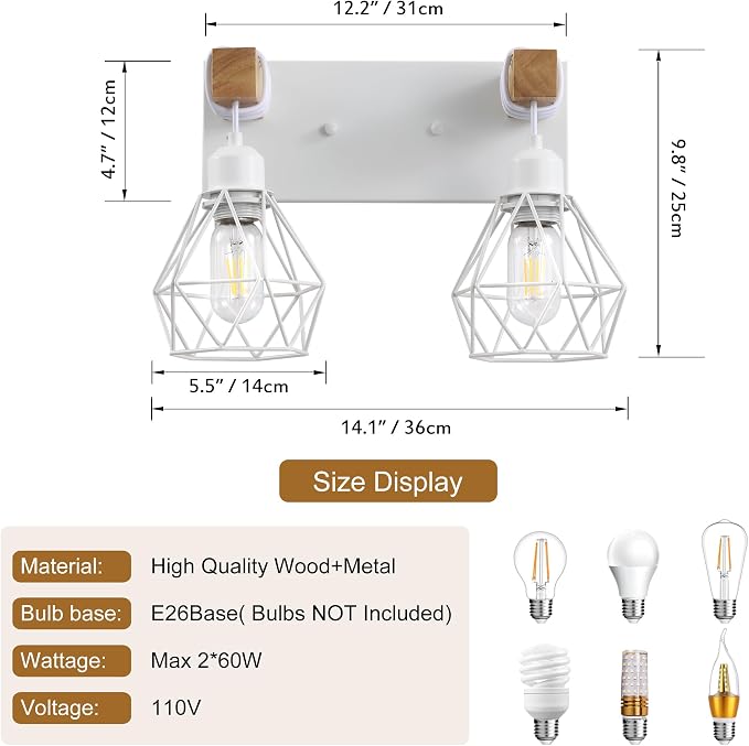 VbiTmn Bathroom Light Fixtures, 2 Light White Farmhouse Wood Vanity Lights | Rustic Design, Diamond Metal Shades, Easy to Install, Wall Sconces for Bathroom, Bedroom, Makeup Area, Over Vanity Mirror