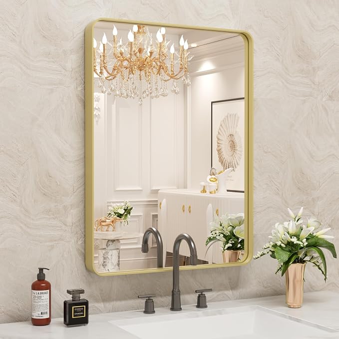 WEER 22X30 Inch Gold Bathroom Vanity Mirror | Rounded Rectangle Gold Mirror, Brushed Gold Metal Frame, Tempered Glass, Anti-Rust, Hangs Horizontally or Vertically