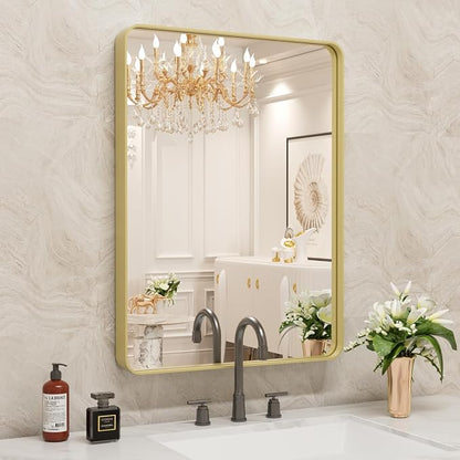 WEER 22X30 Inch Gold Bathroom Vanity Mirror | Rounded Rectangle Gold Mirror, Brushed Gold Metal Frame, Tempered Glass, Anti-Rust, Hangs Horizontally or Vertically