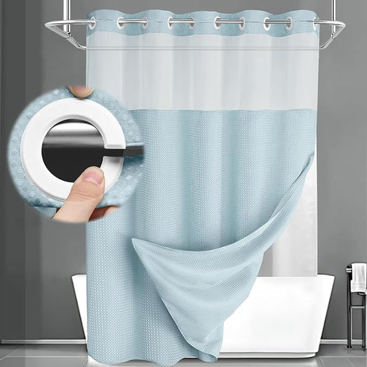 No Hook Shower Curtain with Liner Set Hotel Waffle Curtain Aqua 72W X 75L | Washable Snap in Fabric Liner, Mesh Top Window, Waffle Hotel Style Shower Curtain Set