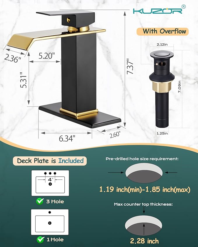 Black & Gold Waterfall Bathroom Sink Faucet – Single Hole 304 Stainless Steel Faucet with Metal Pop-Up Drain, Low-Profile Design for Modern Vanities