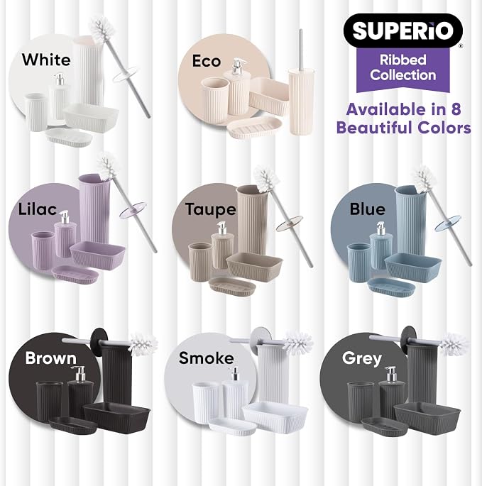 Superio Ribbed Plastic Bathroom Accessories Set, Soap Dish, Dispenser, Holder, Tray (Brown, Bathroom Accessories (Set of 5))