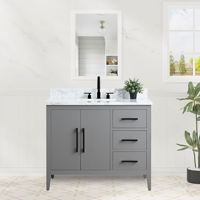 42 Inch Bathroom Vanity with Sink & Ceramic Top, Single Vanity Cabinet with Basin, Soft-Closing Doors & Matte Black Hardware, Grey