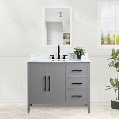 42 Inch Bathroom Vanity with Sink & Ceramic Top, Single Vanity Cabinet with Basin, Soft-Closing Doors & Matte Black Hardware, Grey
