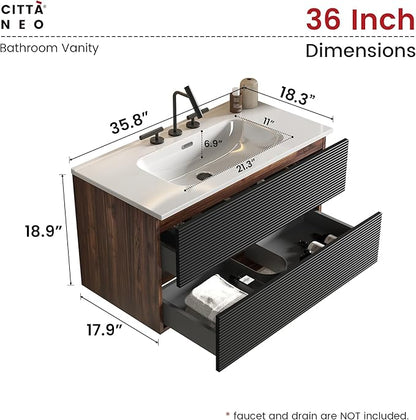36" Floating Bathroom Vanity with Sink, Modern Wall Mounted Floating Vanity with Ceramic Sink, Double Soft-Close Drawers for Apartment, Hotel, Walnut+Black