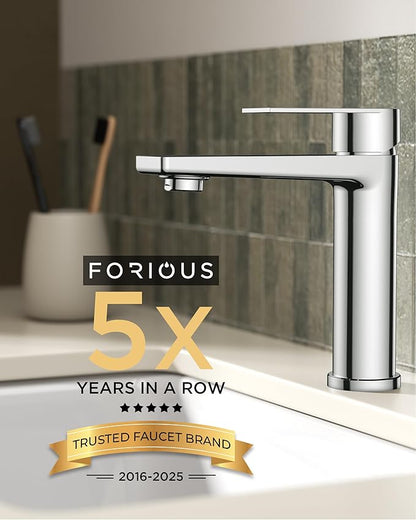 FORIOUS Polished Chrome Bathroom Faucet 1 Hole, Single Handle Single Hole Bathroom Faucet Chrome with Deck Plate and Pop Up Drain, CUPC Hoses for One Handle Vanity Sink, Rv, Camper