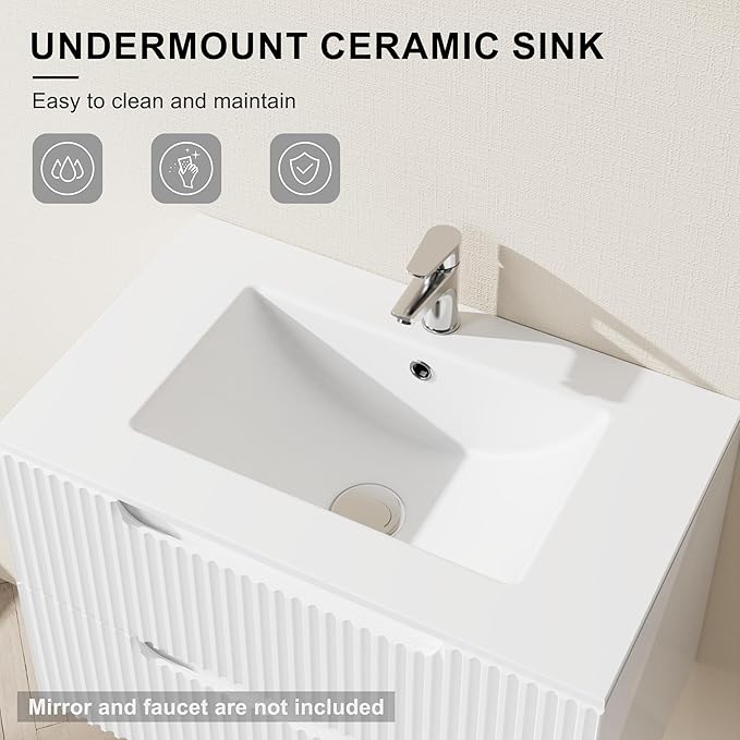 30 inch Wall Mounted Bathroom Vanity with Sink Floating Bathroom Cabinet Sink Combo, Soft-Close System, 2 Extra Big Drawers, White