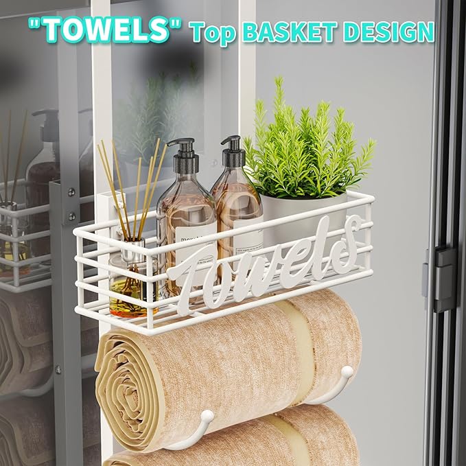HapiRm Towel Racks for Bathroom Storage - 9 Tier Over The Door & Wall Mount Rolled Towel Storage Organizer Holder with Metal Shelf Basket for Small Bathroom, Camper, Rv - White, Patented
