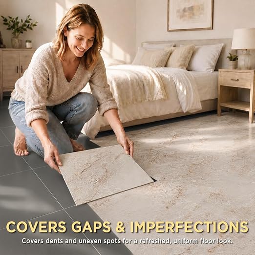 Marble Grain 12x12 Peel and Stick Floor Tile, Creamstone Marble, 20 PCS | NO Grout, NO Mess, For Kitchen, Bathroom Update, Non-Slip & Scratch-Resistant