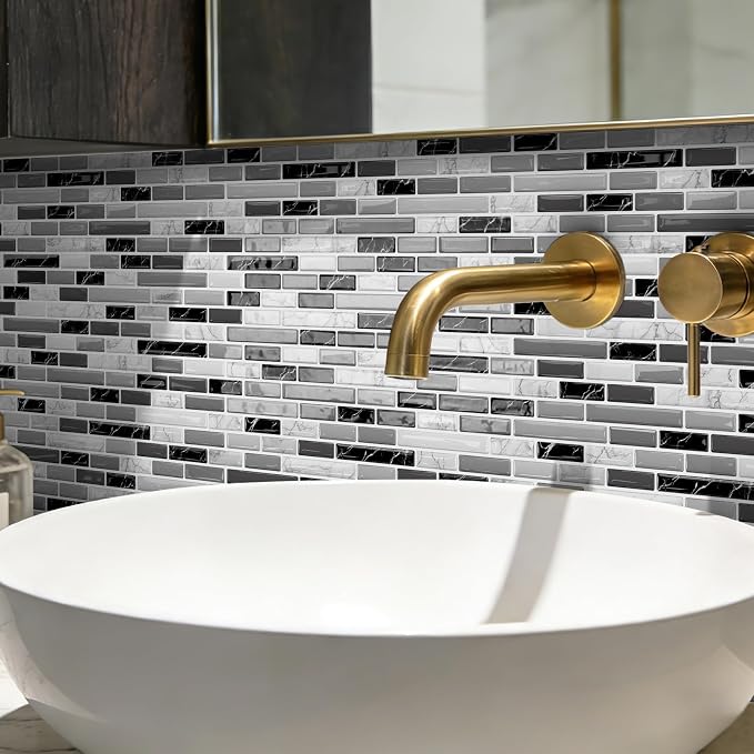 URCOLOR 10-Sheet Peel and Stick Backsplash Tile for Kitchen - 12”×12” Stick on Wall Tile for Bathroom, Black White Grey