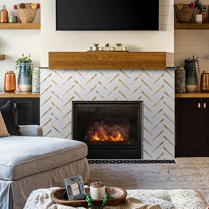 DICOFUN 1 Sheet Polished White Herringbone Peel and Stick Backsplash for Kitchen, PVC Mixed Metal Gold Chevron Stick on Backsplash Wall Tiles