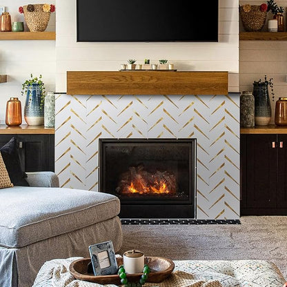 DICOFUN 1 Sheet Polished White Herringbone Peel and Stick Backsplash for Kitchen, PVC Mixed Metal Gold Chevron Stick on Backsplash Wall Tiles