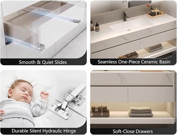 Bathroom Vanity with Sink, Single Sink Bathroom Vanity with Smart LED Defog Mirror, Display Time, Ceramic Sink, Soft Closing, Fully Pre-Assembled (White, 64in Medicine Cabinet‌ Double Sink)