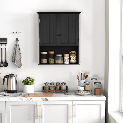 COSTWAY Wall Mounted Bathroom Cabinet, Over The Toilet Storage Cabinet w/Double Doors & Adjustable Shelf, Wood Hanging Medicine Cabinet for Living Room, Entryway, Kitchen (Black) | Double Doors & Adjustable Shelf, Wood Hanging Medicine Cabinet for Livi...
